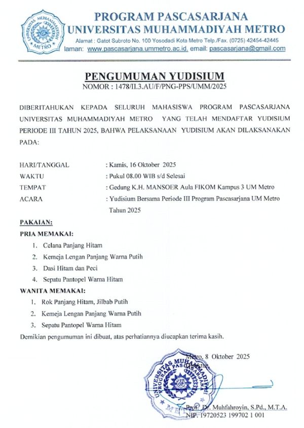 Program Pascasarjana dan FIKOM UM Metro Siap Gelar Yudisium III Tahun 2025