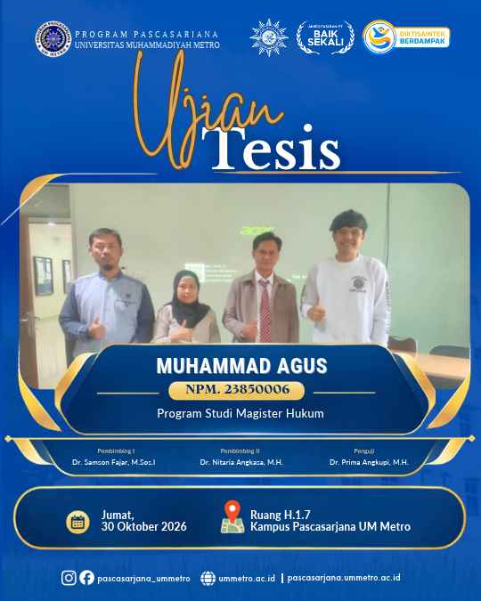 Soroti Perlindungan Hak Perempuan Pasca Cerai Talak, Mahasiswa Magister Hukum UM Metro Raih Gelar Magister Lewat Ujian Tesis